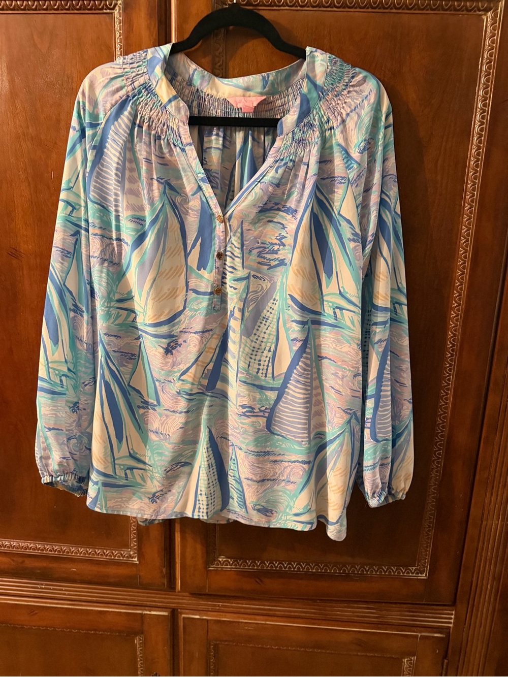 Lilly Pulitzer Blue Multi Sailboat Smocked Neck Pullover Blouse